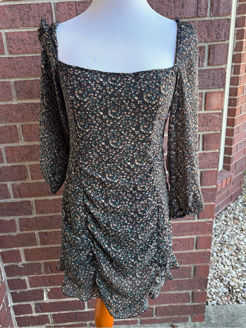 Floral Square-Neck Black Puff-Sleeve Mini Dress